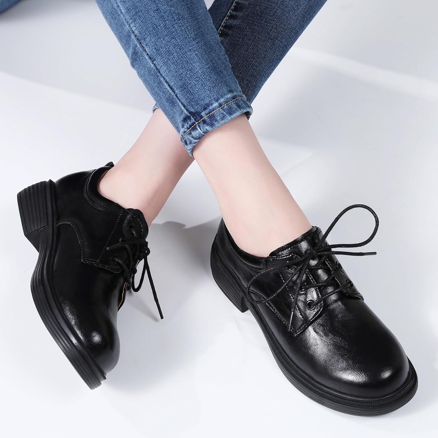OKJ Oxford Shoes for Women Black Tie Women's Oxfords Shiny Leather Comfortable Slip on Lace up Ladies Loafers Business Casual Dress Work Office Shoes - Image 3