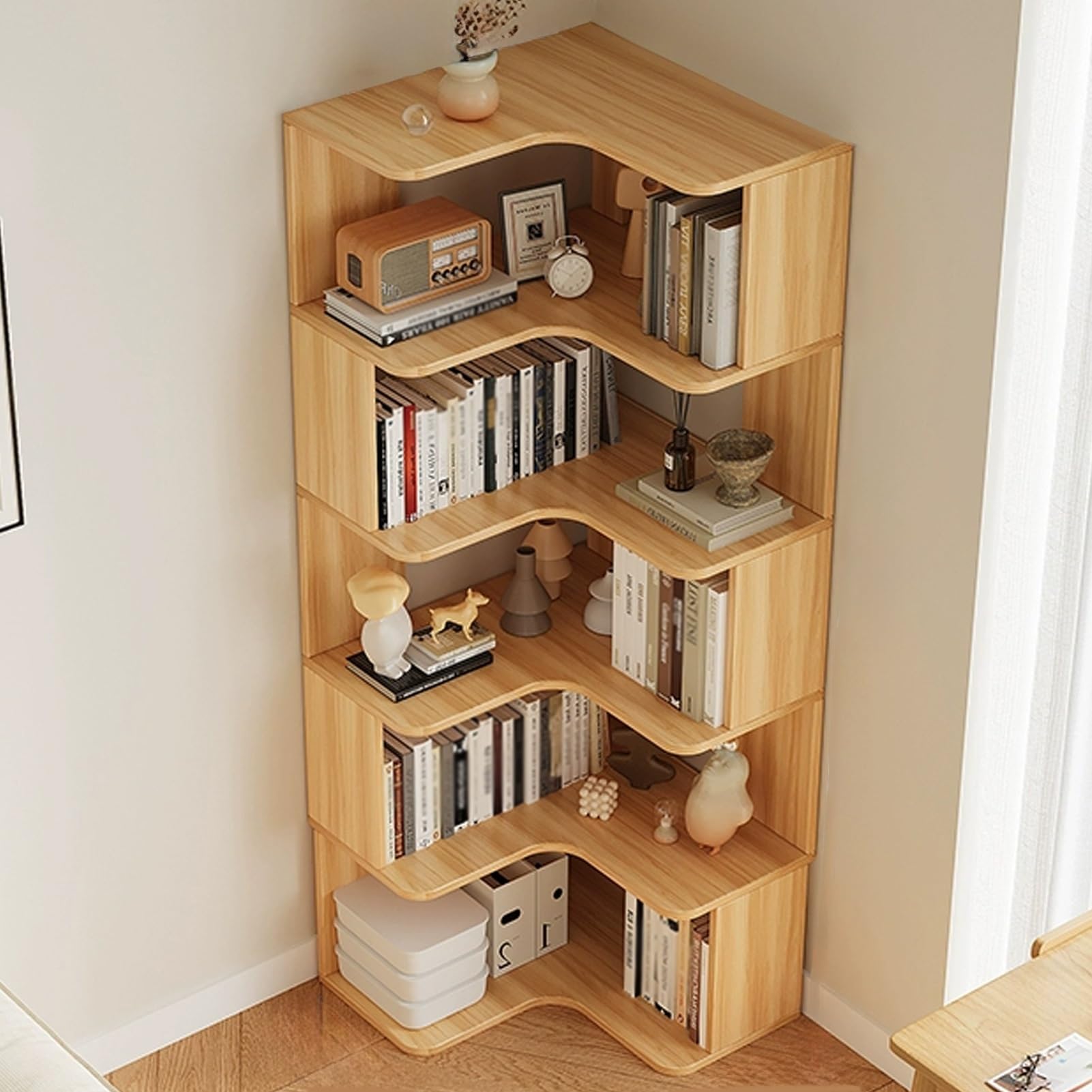 Libreria angolare, scaffale angolare a forma di L, organizer multistrato, con design aperto sul retro, per soggiorno e ufficio (90 cm)