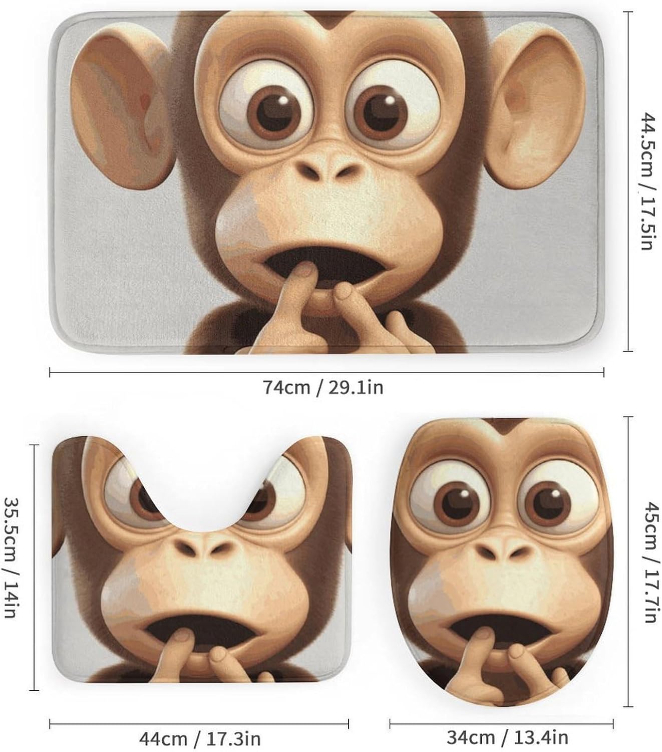 4 Piece Bathroom Rug Set with Shower Curtain, Non-Slip Bath Mat Toilet Cover Set, The Silent Monkey Bathroom Rug Sets