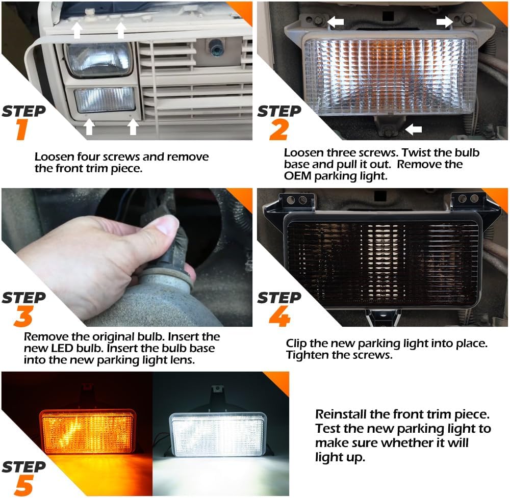 OEM LED Front Turn Signal Lights for 1983-1986 C10 K10 C20 K20 C30 K30 C1500 K1500 C2500 K2500 Trucks Amber Bumper Signal Light White Parking Light Corner Marker Lamps, 2PCS LED Bulbs