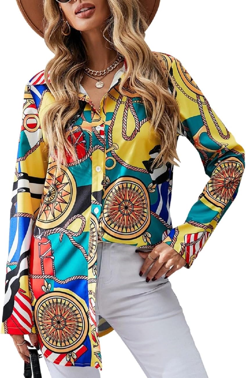 Shirt Dresses for Women Button Down Colorful Blouses Long Sleeve Floral Print Tops Loose Collar Sexy T-Shirts Plus Size