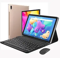 2 em 1 Tablet com Case, Teclado e Mouse, 10,1 polegadas Tablet Android 12 Tablet, 8GB + 256GB, WiFi, Bluetooth, GPS, Bateria 7000mAh, Tablets HD Touchscreen (Dourado: Teclado+Mouse)