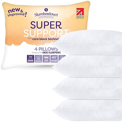 Slumberdown Super Support Pillows 4 Pack - Firm & Supportive Pillow for Side Sleepers, Reduces Neck & Shoulder Pain | Foam Block, UK-Made, Non-Allergenic & Washable (48 x 74cm) - Super Support - 4 Pillows