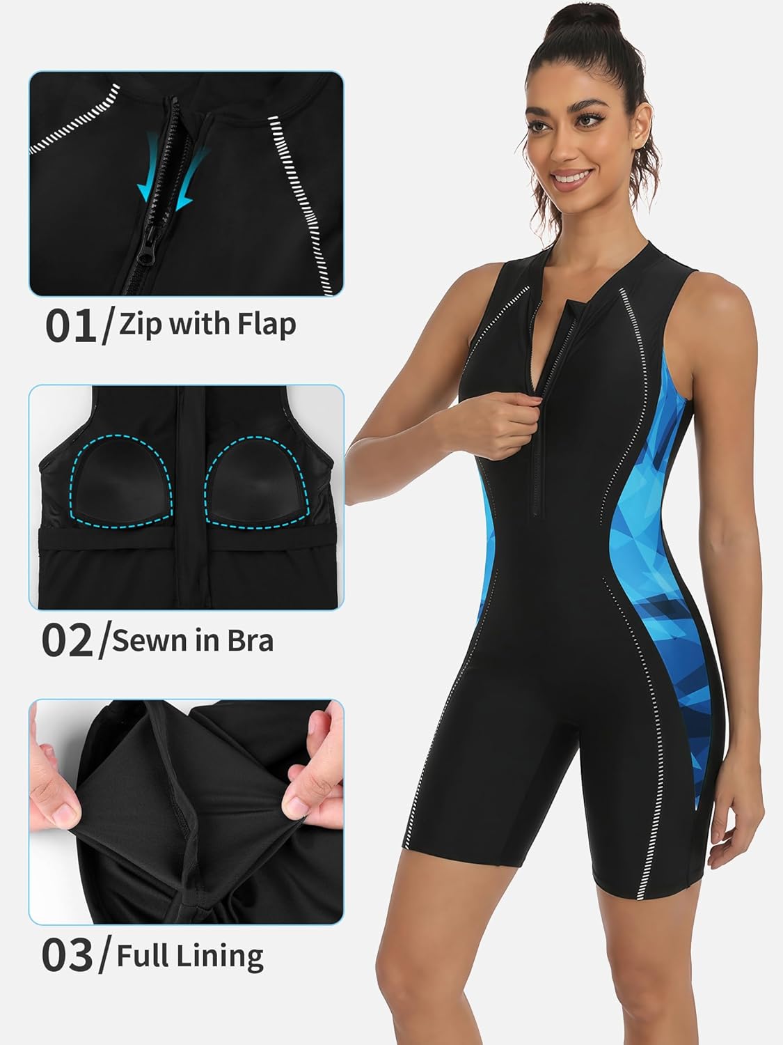 ATTRACO Boyleg One Piece Swimsuit for Women Zip Up Athletic Swimwear Training Bathing Suit