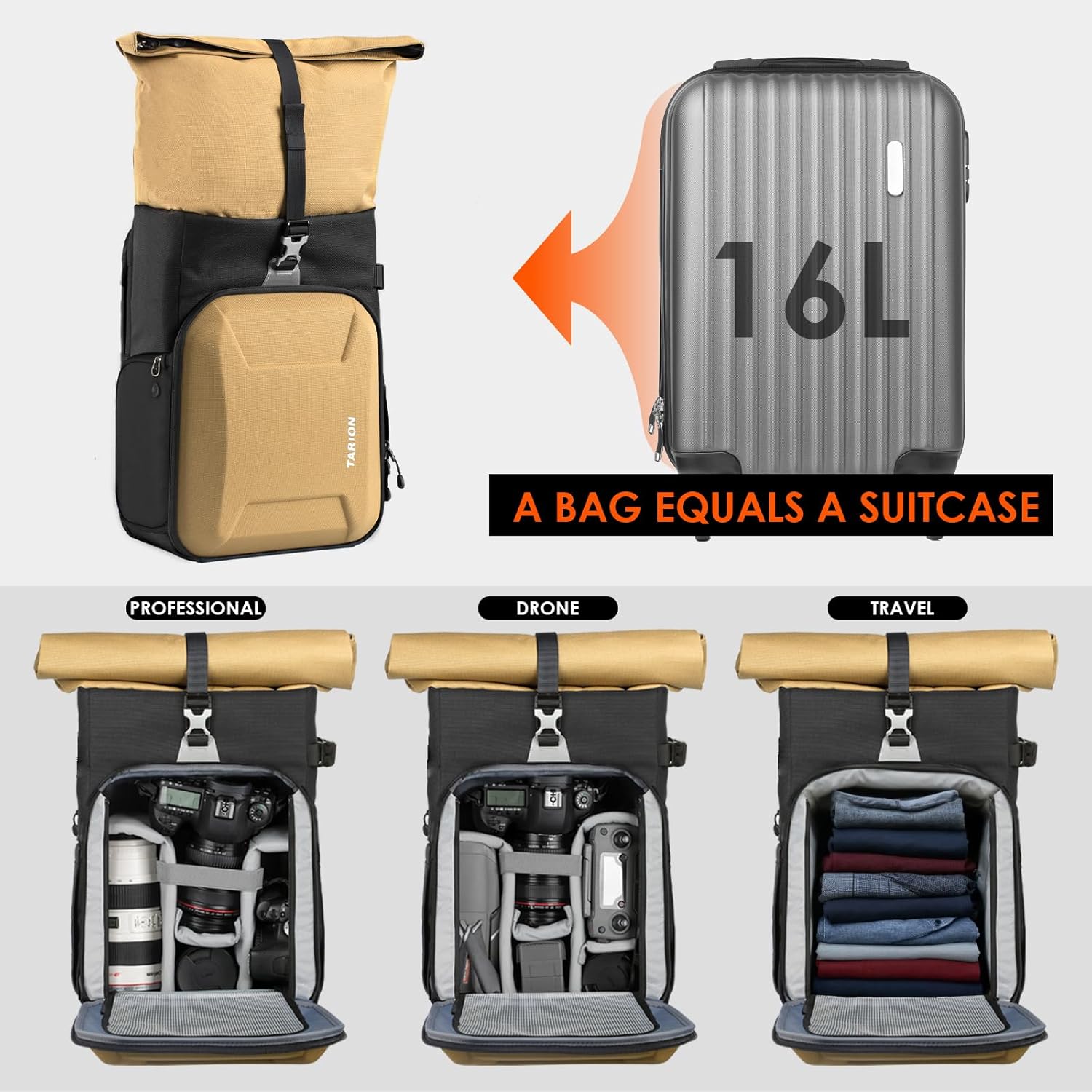 TARION Hardshell Large Camera Backpack - Expandable Camera Bag for Photographers with 16" Laptop Compartment & Side Access & Rain Cover(XH Gold) - Image 2