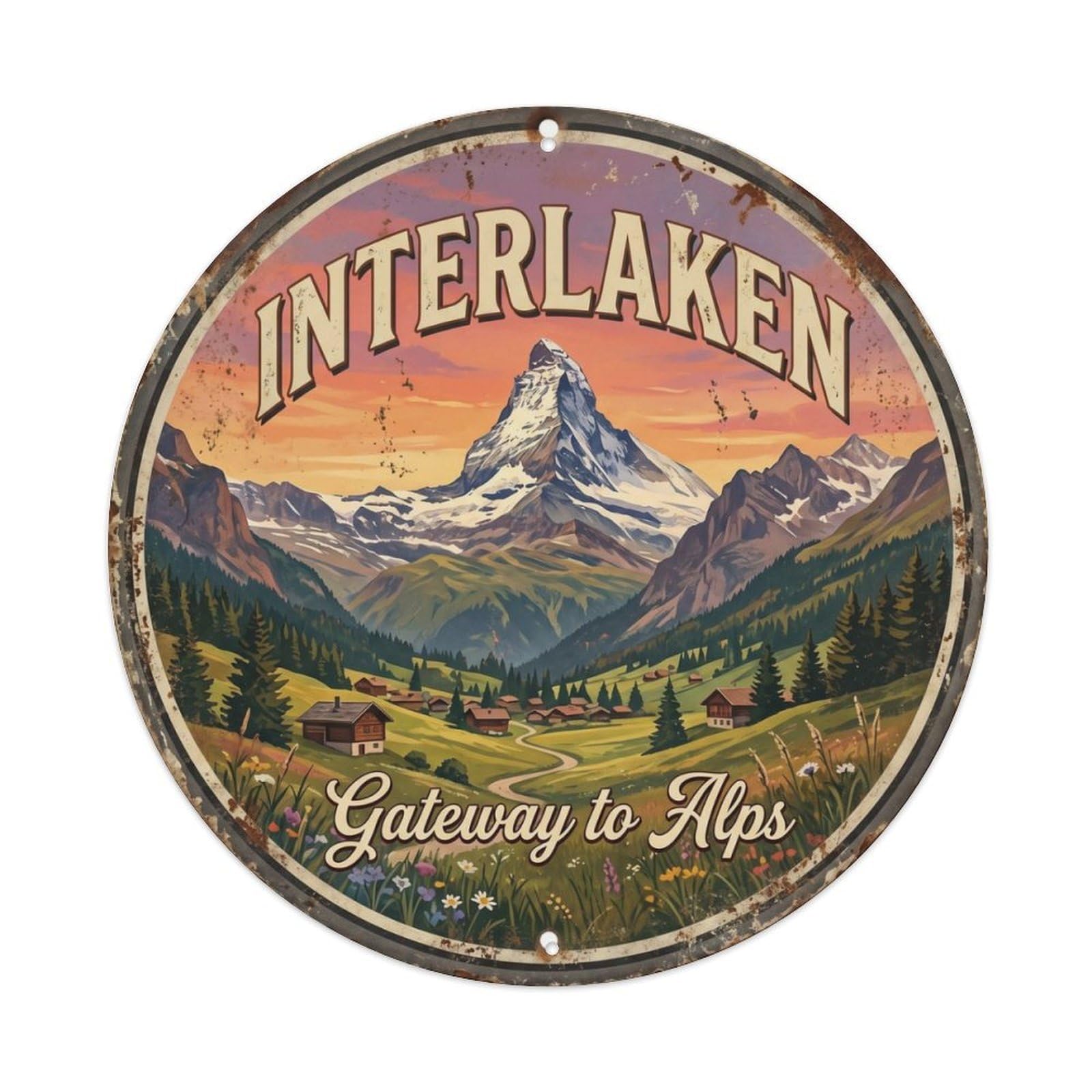 Vintage Travel Jungfrau Switzerland Alpine Metal Tin Sign Plaque Wall Decor for Cafe, Club Bar, Office, Home Garden Round Metal Poster 8x8Inch
