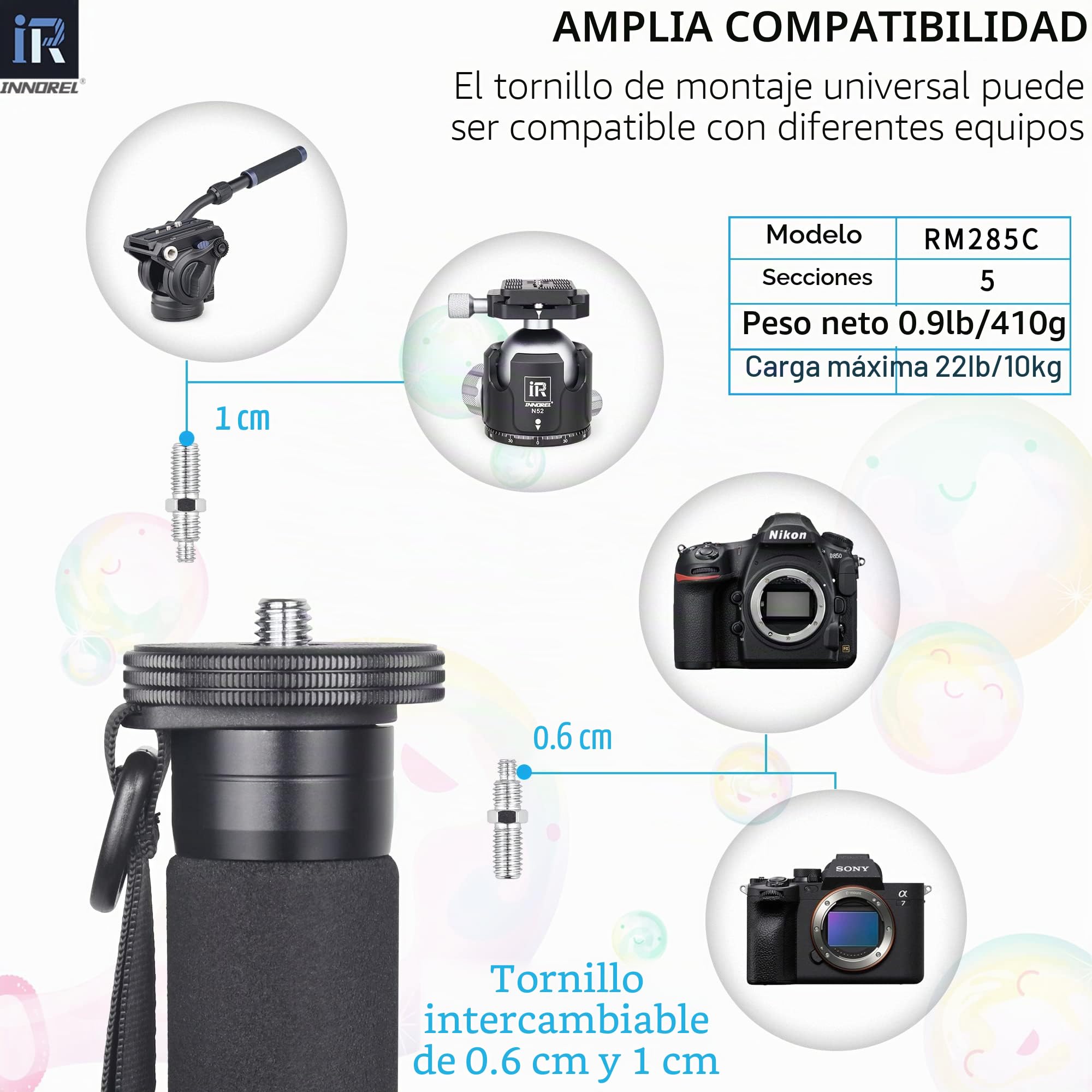 Monopie de cámara de fibra de carbono INNOREL RM285C profesional portátil compacto ligero viaje monopie de 5 secciones para Canon Nikon Sony DSLR cámara videocámara DV soporte de fotografía carga 10kg
