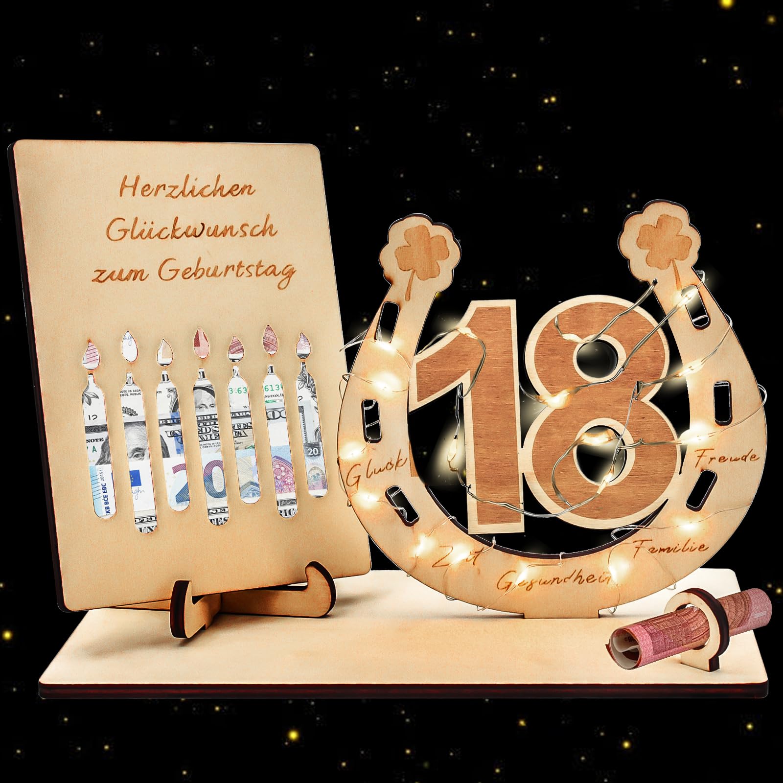 Libro De Visitas De Madera Con Luces LED Para 18º Cumpleaños - Regalo Creativo Con Soporte Para Dinero Y Velas, En Alemán