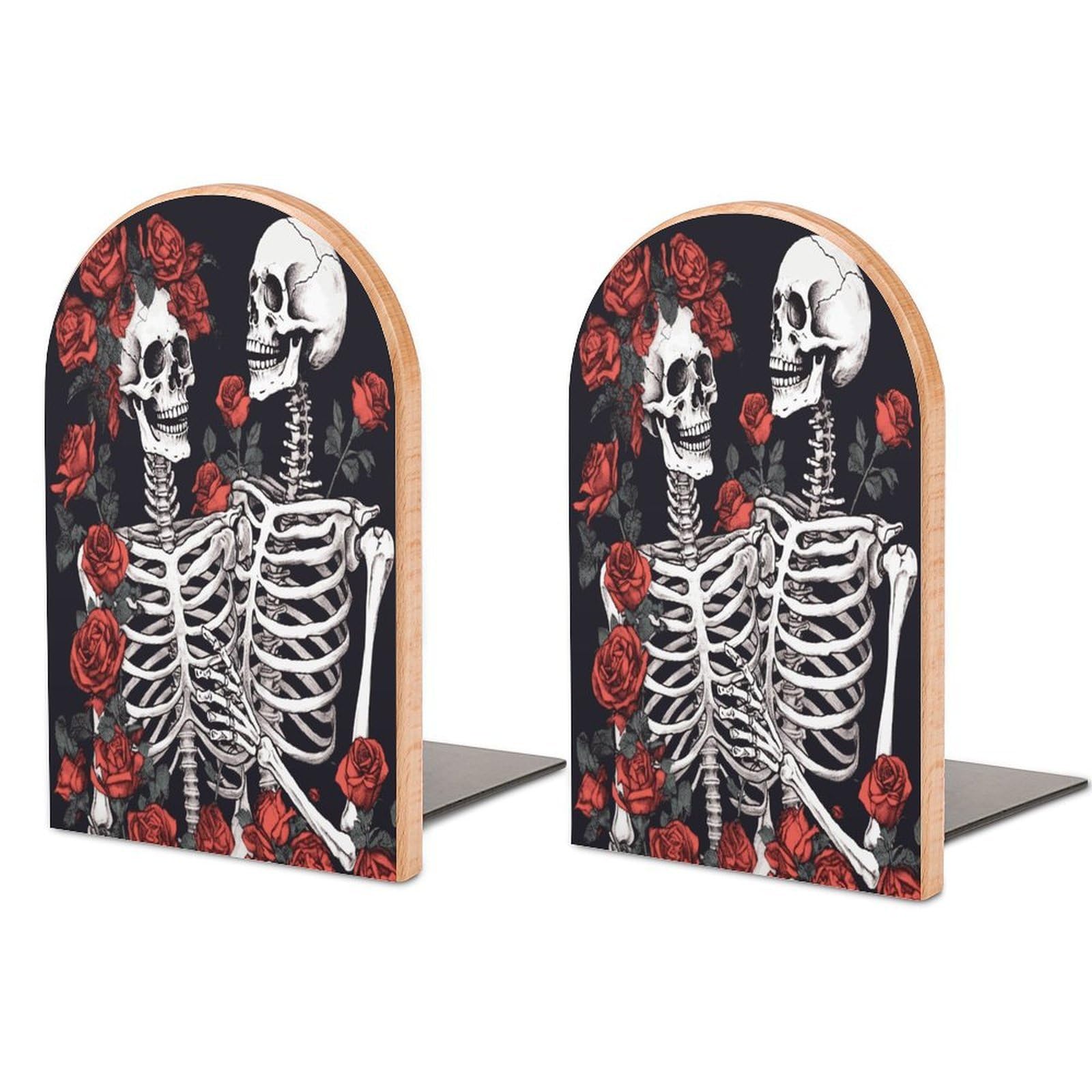 Rose and Skeleton Bookend for Shelves Non-Skid Book Holder Modern Heavy Duty Bookend Stopper Metal Base Wood Book End Books Shelf Holder Home Decorative 1pair 5x3.9x3.1