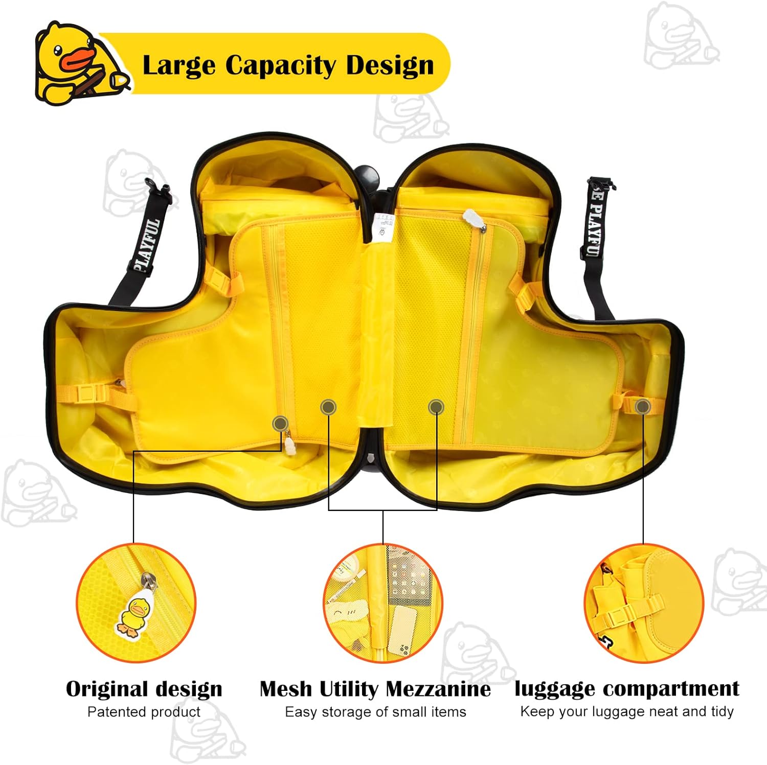 review eing Children's Ride-On Travel Suitcase,Travel Rolling Kid's Luggage with Wheels Carry Trolley Luggage with Password Lock,Cute Funny Children's Ride On Trolley Luggage,24 Inch (Yellow Car)