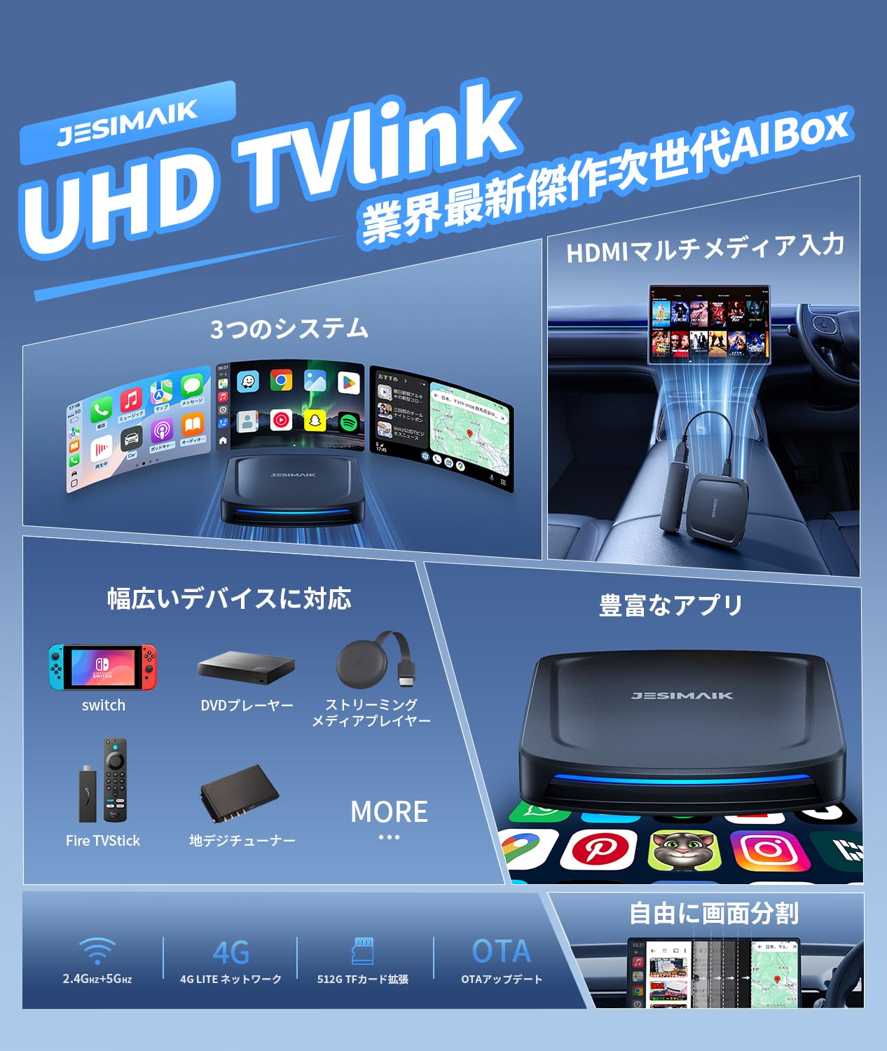 Amazon.co.jp: JESIMAIK CarPlay Ai Box UHDTVlink 次世代4-in-1 多