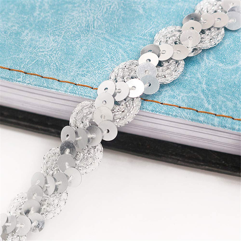 5 Meters 1.5cm Sparkly Sequins Fabric Trim Elastic Sequin Ribbon Trim Bling Stretch Trim Glitter Mesh Shiny Sewing Paillette Ribbon Lace Band for Halloween Mermaid Dress Headband Costume (O-Silver)