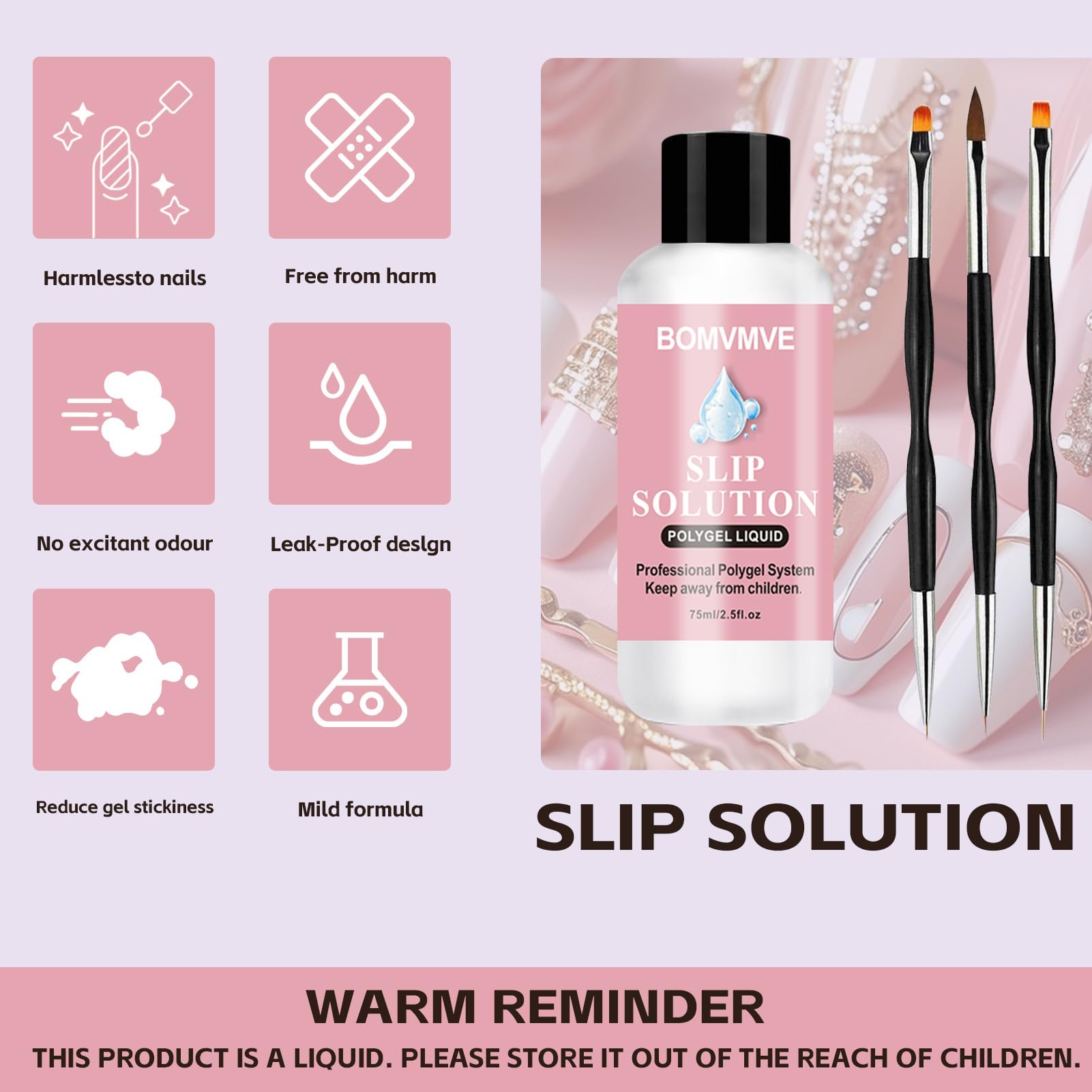 Slip Solution Polygel, Solution de Glissement pour Polygel Ongles, Kit Ongle Gel Anti-adhérence,Comprend une Pince à Ongles,une Brosse à Ongles,un Verre en Cristal et des Lingettes Nettoyantes