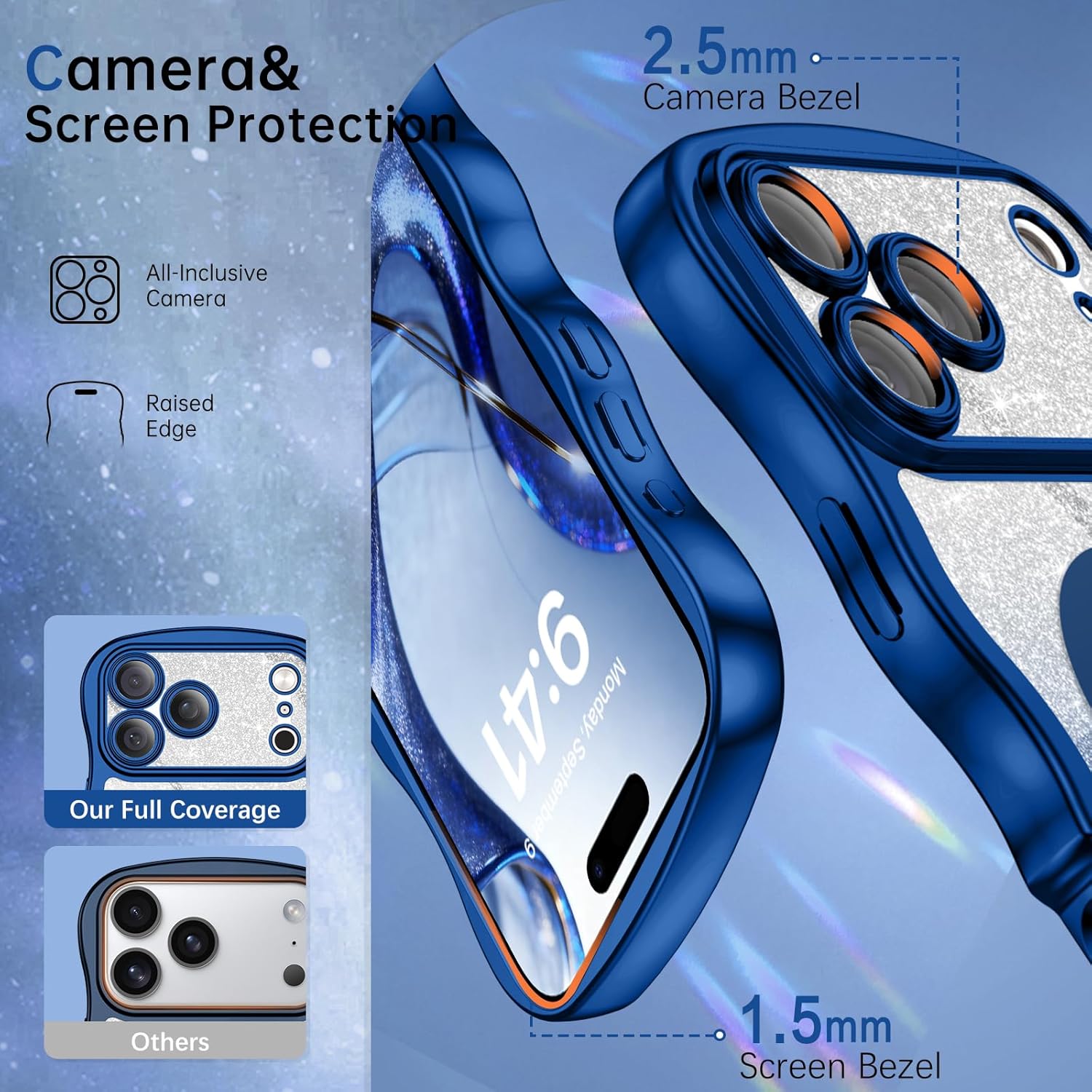 BENTOBEN for iPhone 17 Pro Max Case Clear, [Compatible with MagSafe][Full Camera Protection][Cute Wave Frame][DIY Glitter Cardstock] Electroplated Wavy Shockproof 17ProMax Phone Case 6.9", Deep Blue - Image 3