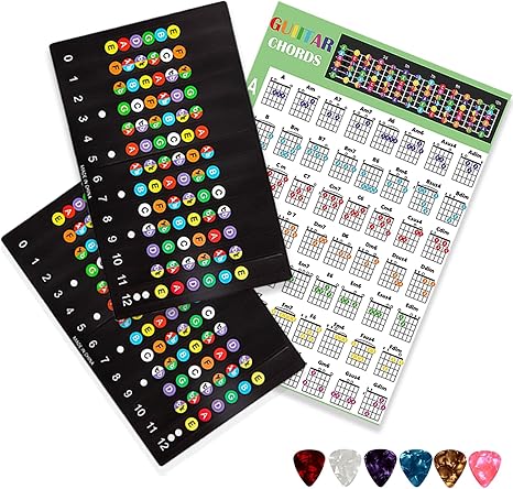 Guitar Chord Poster Guitar Note Stickers + Chord Chart Set - Color-Coded Fretboard Decals For Beginners (6-String) Guitar Decals
