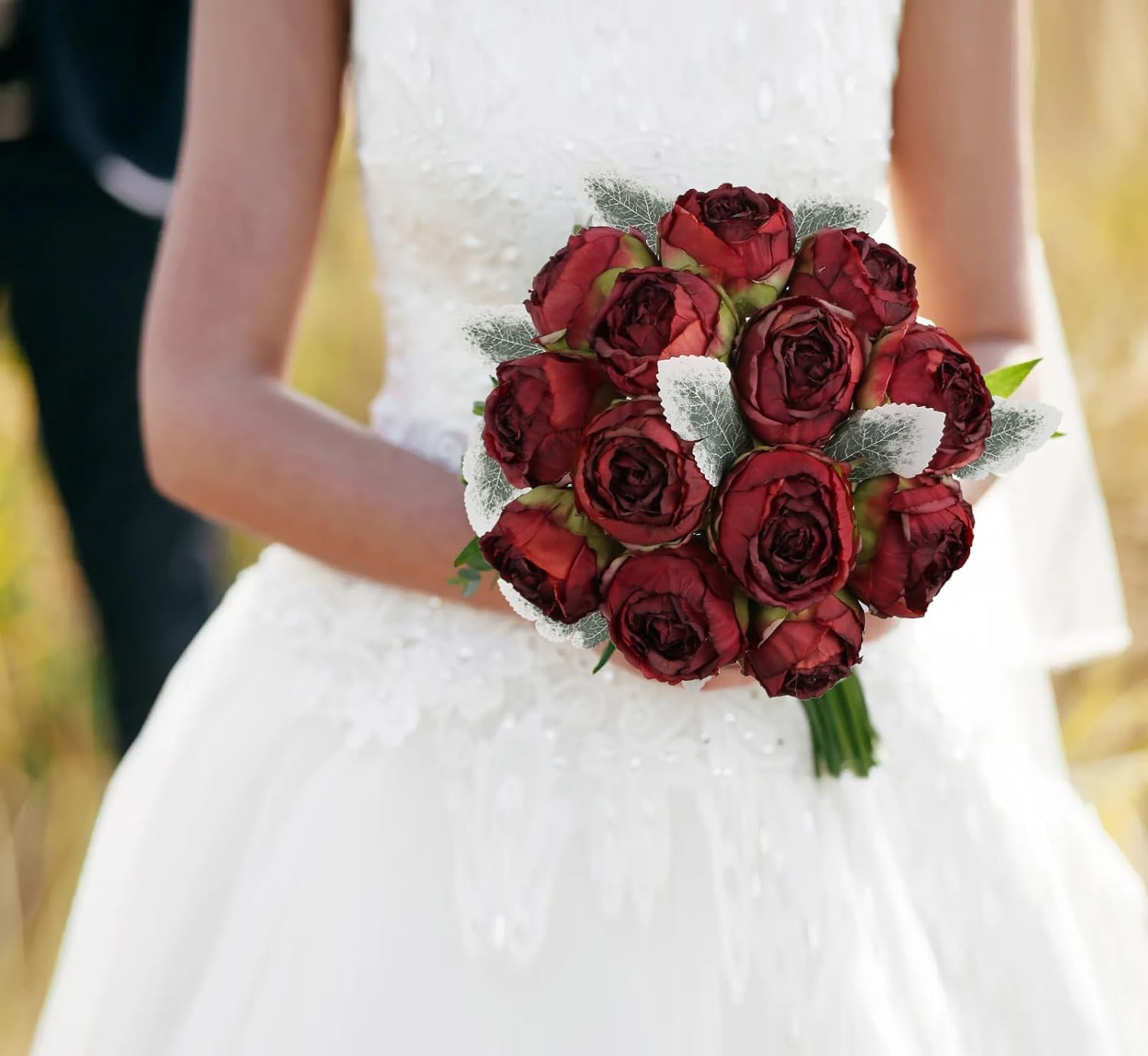 Artificial Peonies,24PCS Vintage Fake Peonies Flower Heads 2.56" Realistic Burgundy Roses with Stems for Wedding Chair Sign Cake Party Home Decoration (Burgundy)