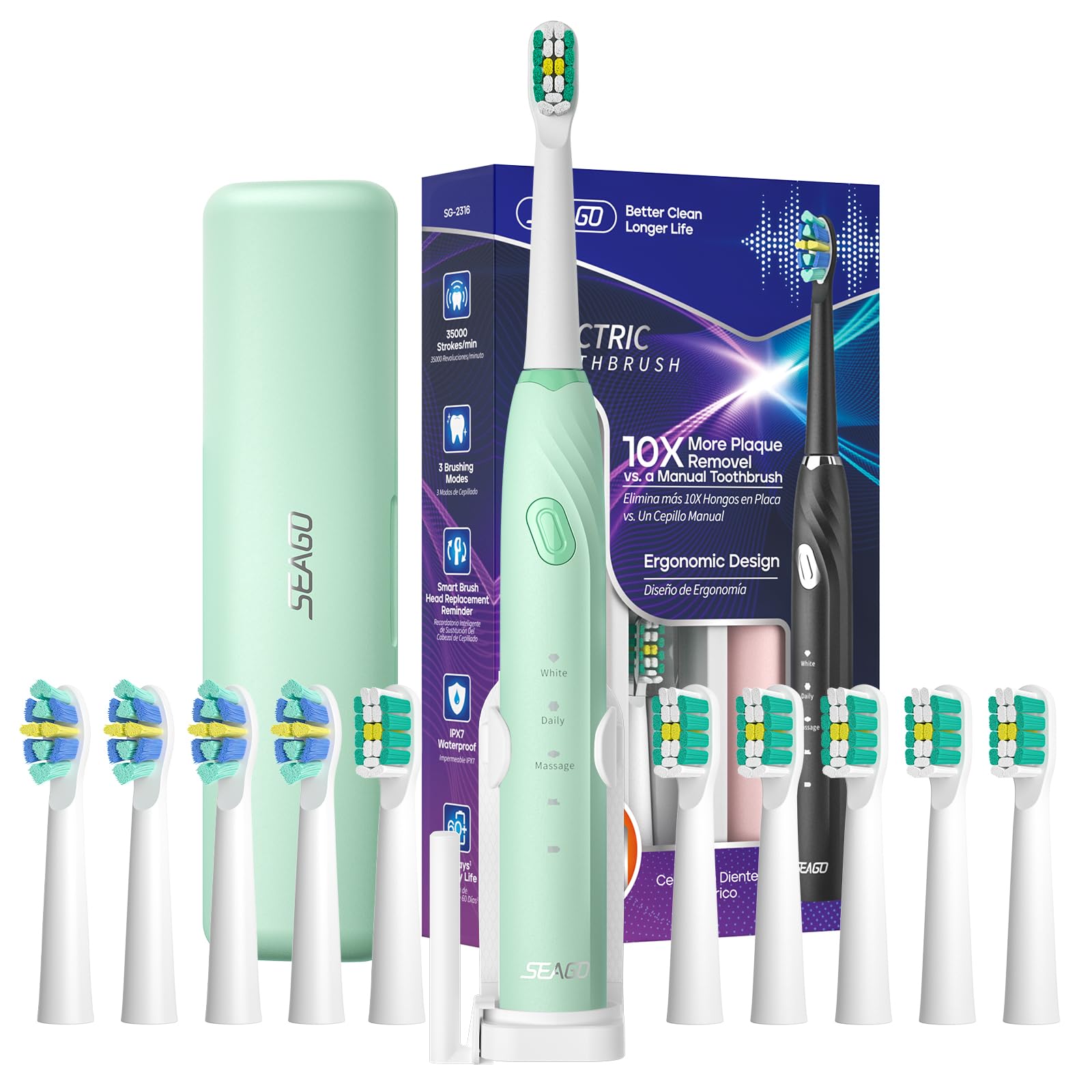 seago cepillo de dientes eléctrico sónico adultos, cepillo electrico con 10 cabezales y diseño ergonómico científico. temporizador, estuche y 60 días de utilización para viaje,Verde