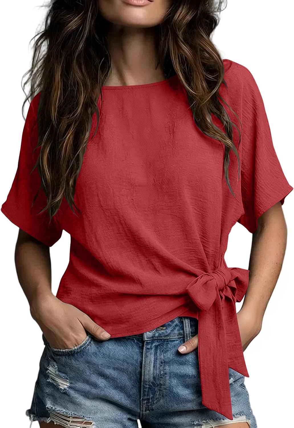 Womens T Shirts Short Sleeve Tops Summer Tee Side Tie | Womens Short Sleeve Tops Summer Tee Side Tie Trendy Cute T Shirts Loose Fit Casual Outfits Clothes