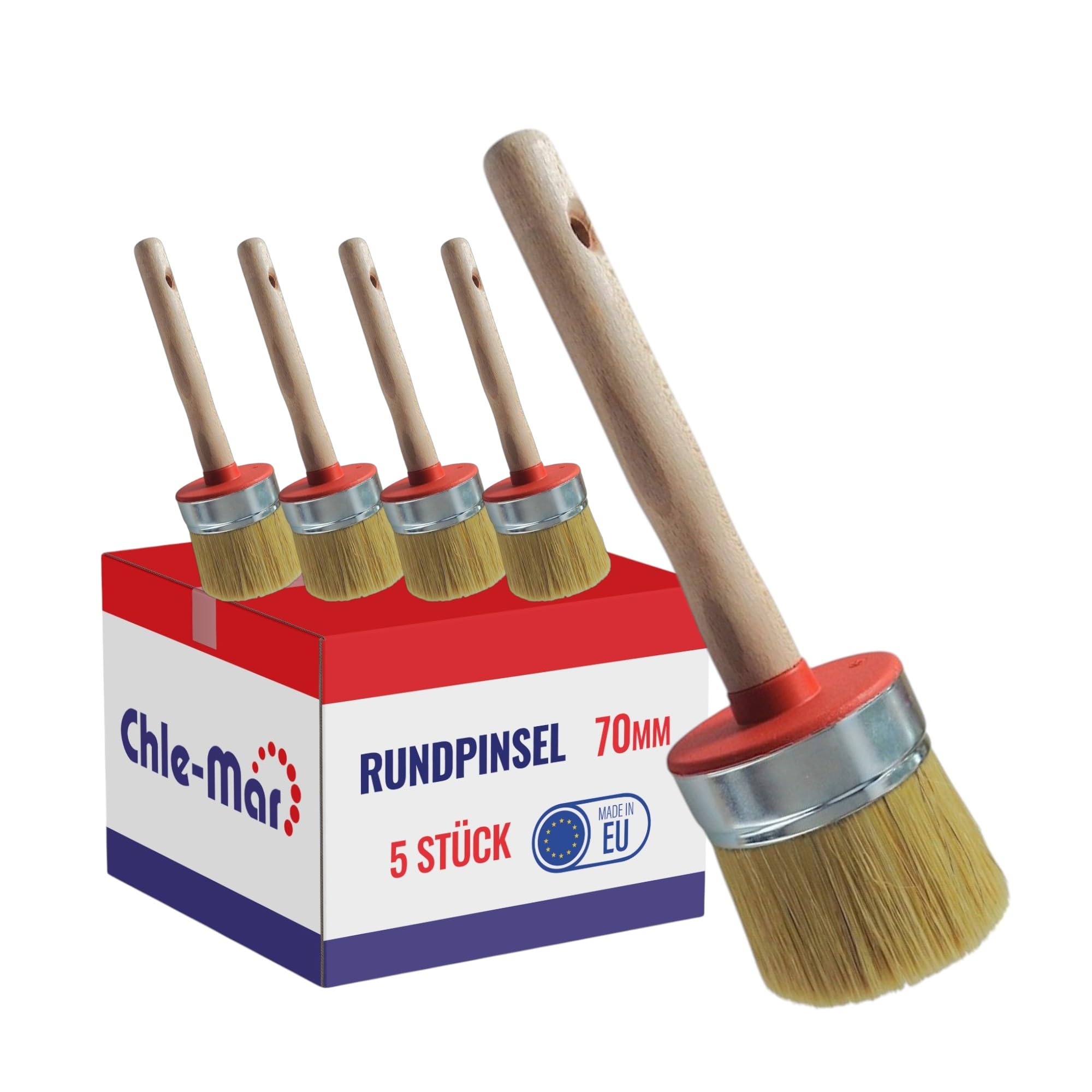 Chle-Mar 5X Wiederverwendbarer Rundpinsel mit Holzgriff 70mm