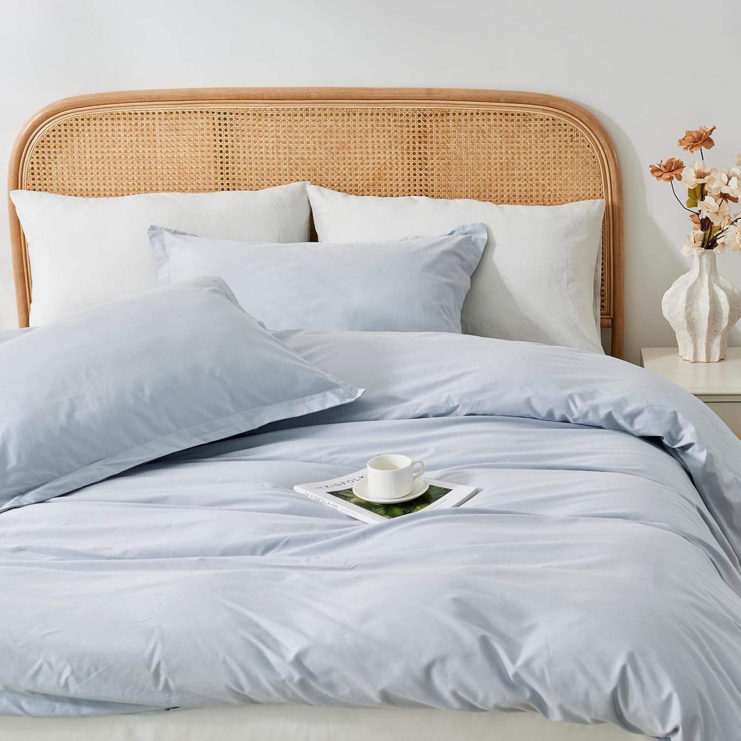 OAITE 100% Washed Cotton Duvet Cover Queen Size Soft Breathable Durable Bedding with Zipper Closure & 8 Corner Ties- 3 Pieces Plain Simple Duvet Cover Set,2 Pillow Shams,1 Duvet Cover(90"x90")