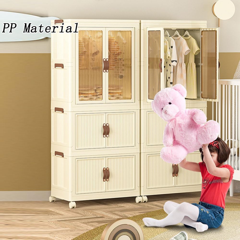 Collapsible Portable Wardrobe for Kids with Doors Large Plastic Baby Clothes Storage Cabinet for Nursery Bedroom Toddler Dresser with Hanging Rod