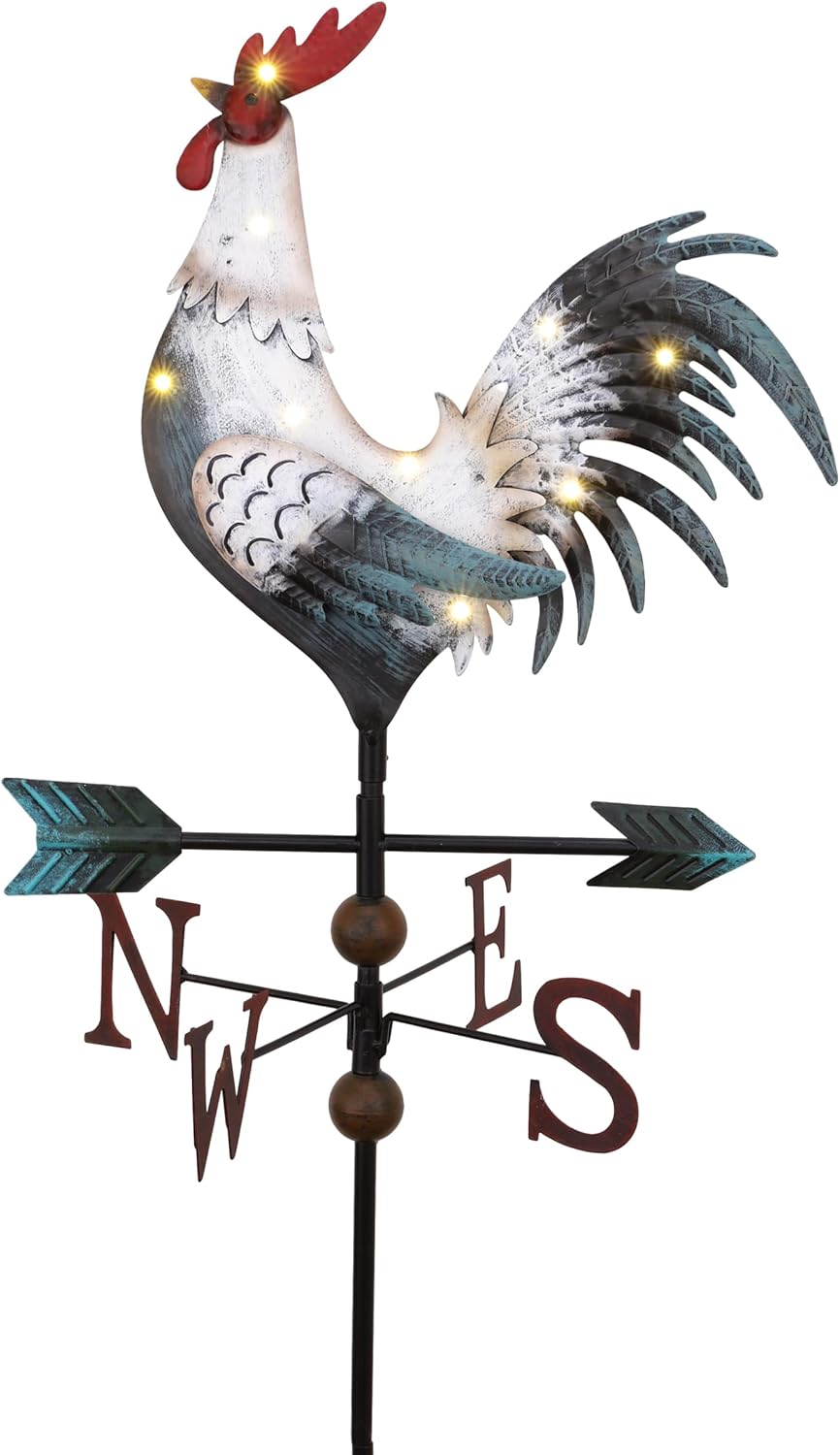TERESA'S COLLECTIONS Garden Decor with Solar Outdoor Lights, Red Rooster Yard Art Sign for Outside, 39.4'' Metal Weathervane Decorative Garden Stake for Outdoor Decor Lawn, Gifts for Mom