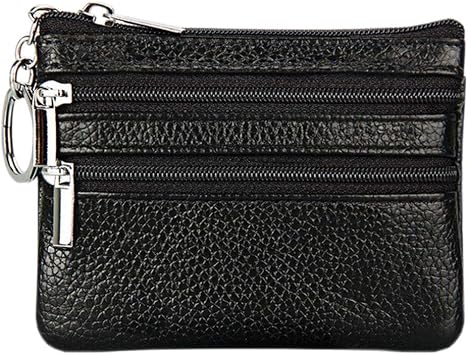 Boshiho Cowhide Leather Coin Purse Dual Zipper Change Holder Wallet with Key Ring Keychain Black