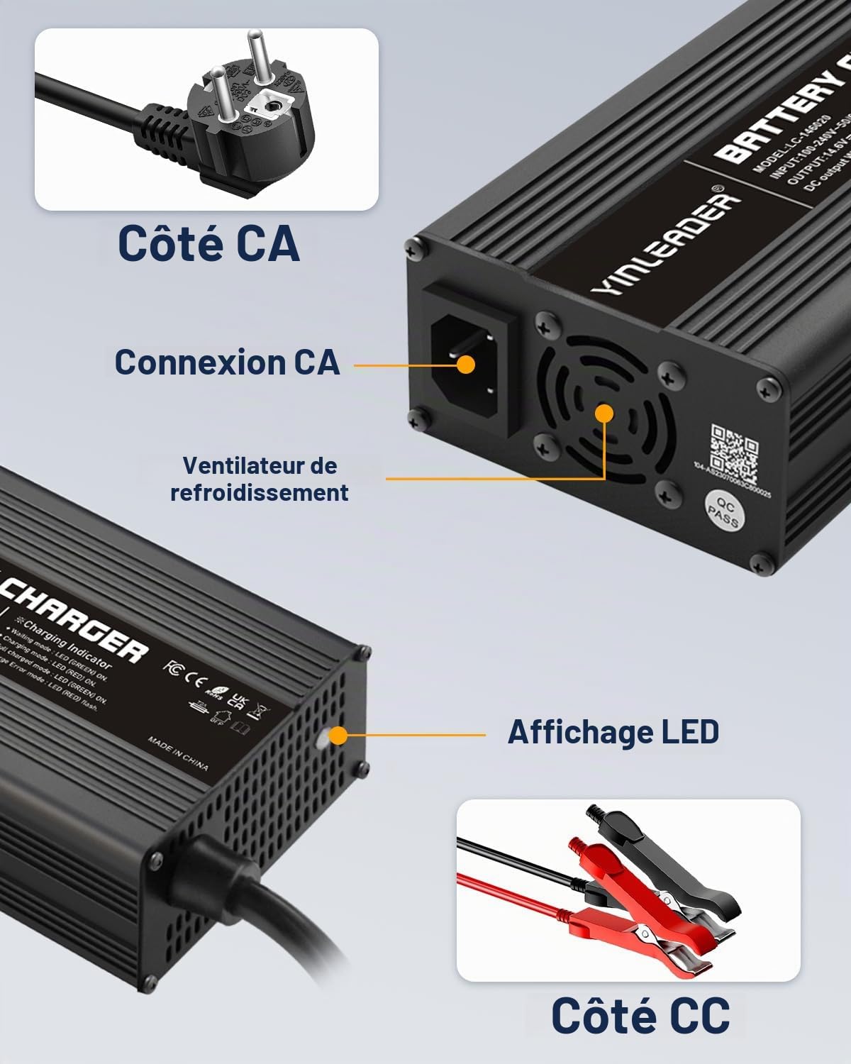 Yinleader Chargeur de Batterie Automobile LiFePO4 20A 12V - Chargeur Intelligent Automatique pour Batteries au Phosphate de Fer Lithium 14,6V 20A - Protection Multiple et Taille compacte