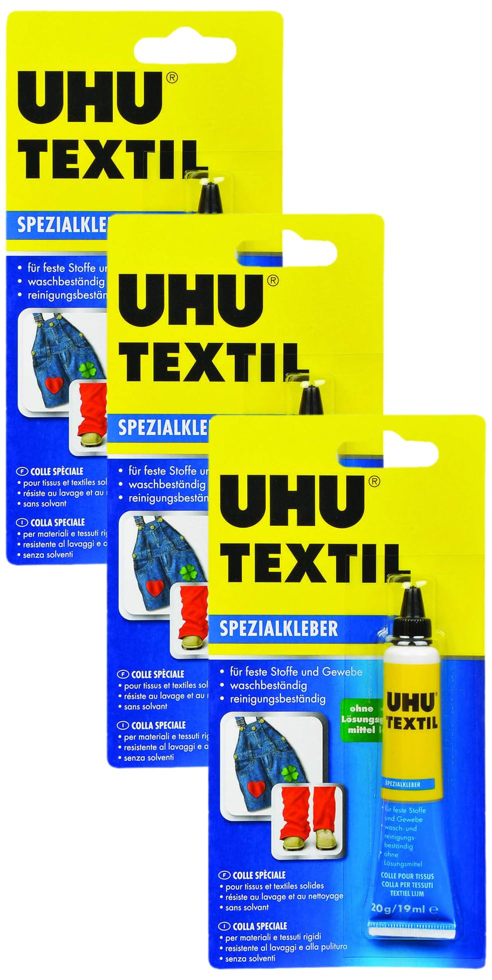 UHU Spezialkleber Textil Tube, Schnellabbindender Klebstoff für verschiedenste Textilien und Stoffe, 20 g (Packung mit 3)