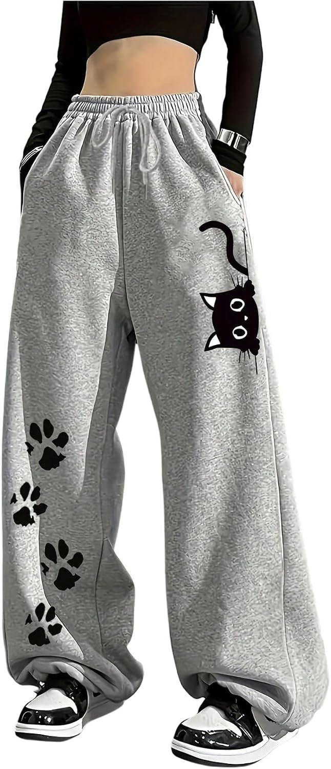 SOLY HUX Women's Cartoon Graphic Baggy Sweatpants Drawstring Elastic Waist Wide Leg Casual Pants with Pockets