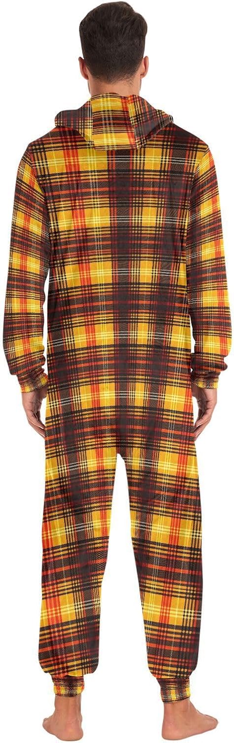 Orange Red Checkered Buffalo Plaid Adult Onesie Pajamas Novelty One Piece Costume Sleepwear Jumpsuits Matching PJS