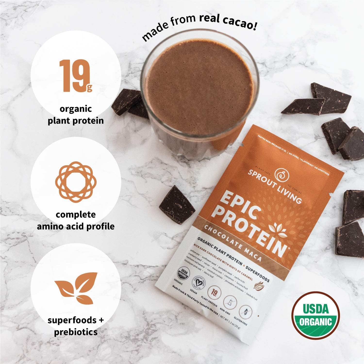 Sprout Living's Epic Protein, Plant Based Protein & Superfoods Powder, Chocolate Maca Powder | 19 Grams Organic Protein Powder, Vegan, Non Dairy, Non-GMO, Gluten Free, Low Sugar (1 Pound, 13 Servings) : Health & Household