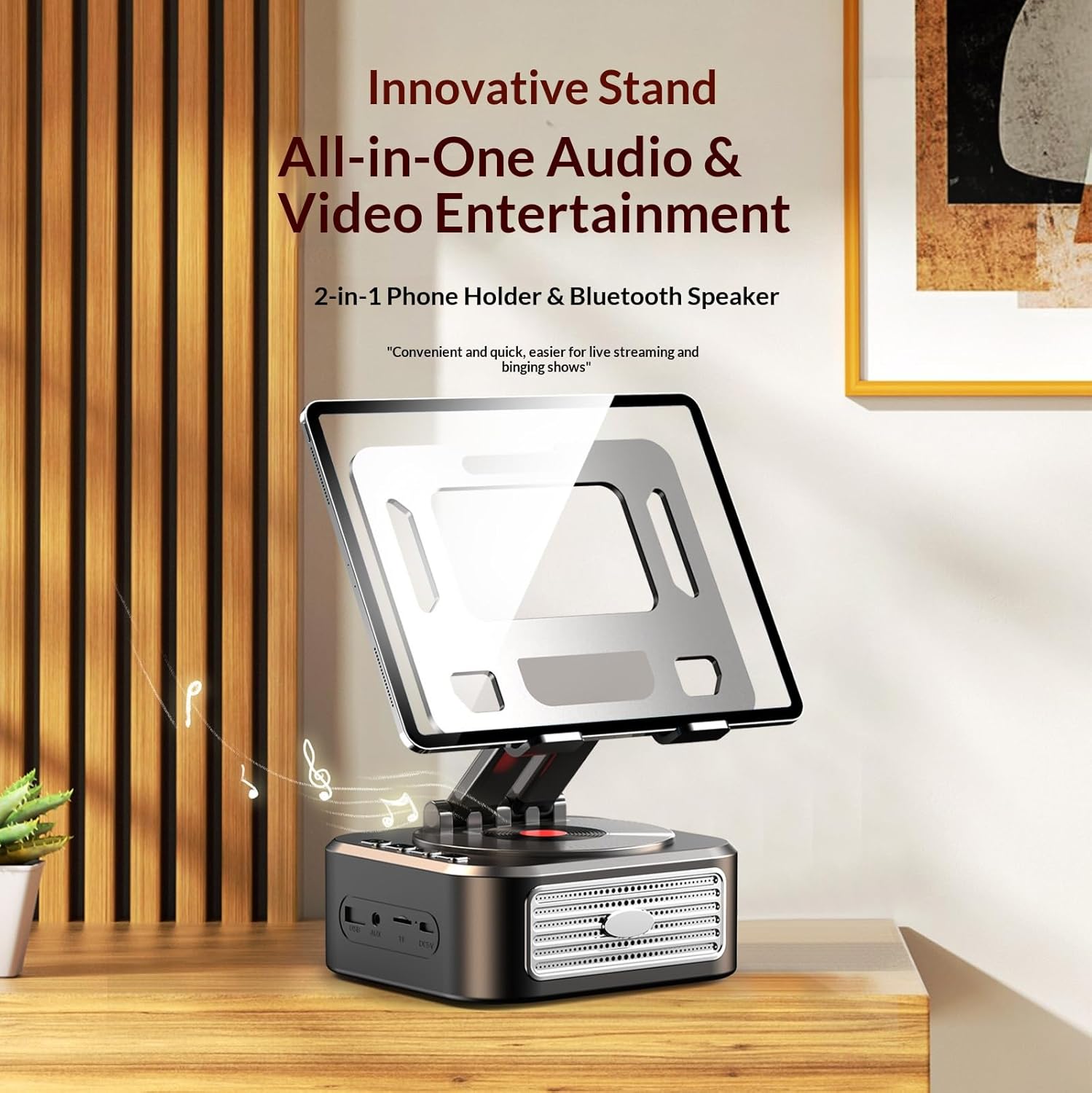 Tablet Stand Holder for Desk with 360° Rotating Base with Bluetooth Speaker, Adjustable Support Compatible for iPad Pro 13 12 11 Air Mini 5 4 3 Phone E-Reader (Black with Semiconductor Cooler)