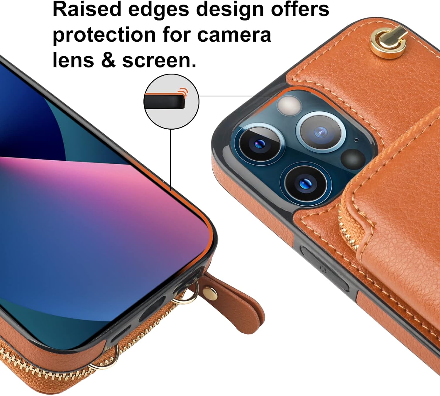 Bocasal Crossbody Wallet Case for iPhone 13 Pro, RFID Blocking Leather Purse Case with Card Holder, Protective Handbag Flip Cover with Zipper Wrist Strap Lanyard for Women 5G 6.1 Inch (Brown)