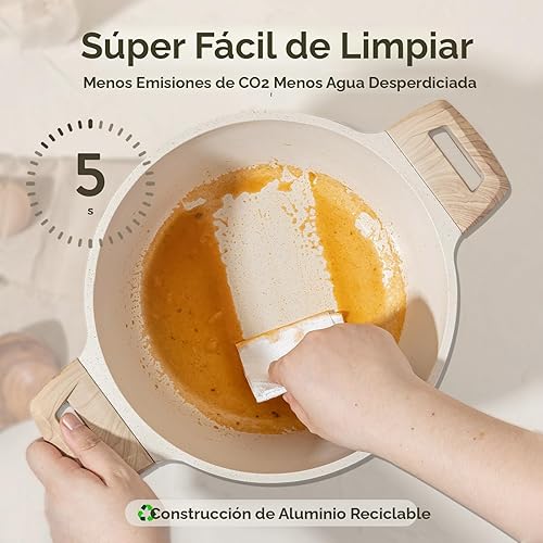 Vista 3 de CAROTE Juego de ollas y sartenes antiadherentes, juego de utensilios de cocina de inducción de granito blanco, 10 piezas antiadherentes con sartenes