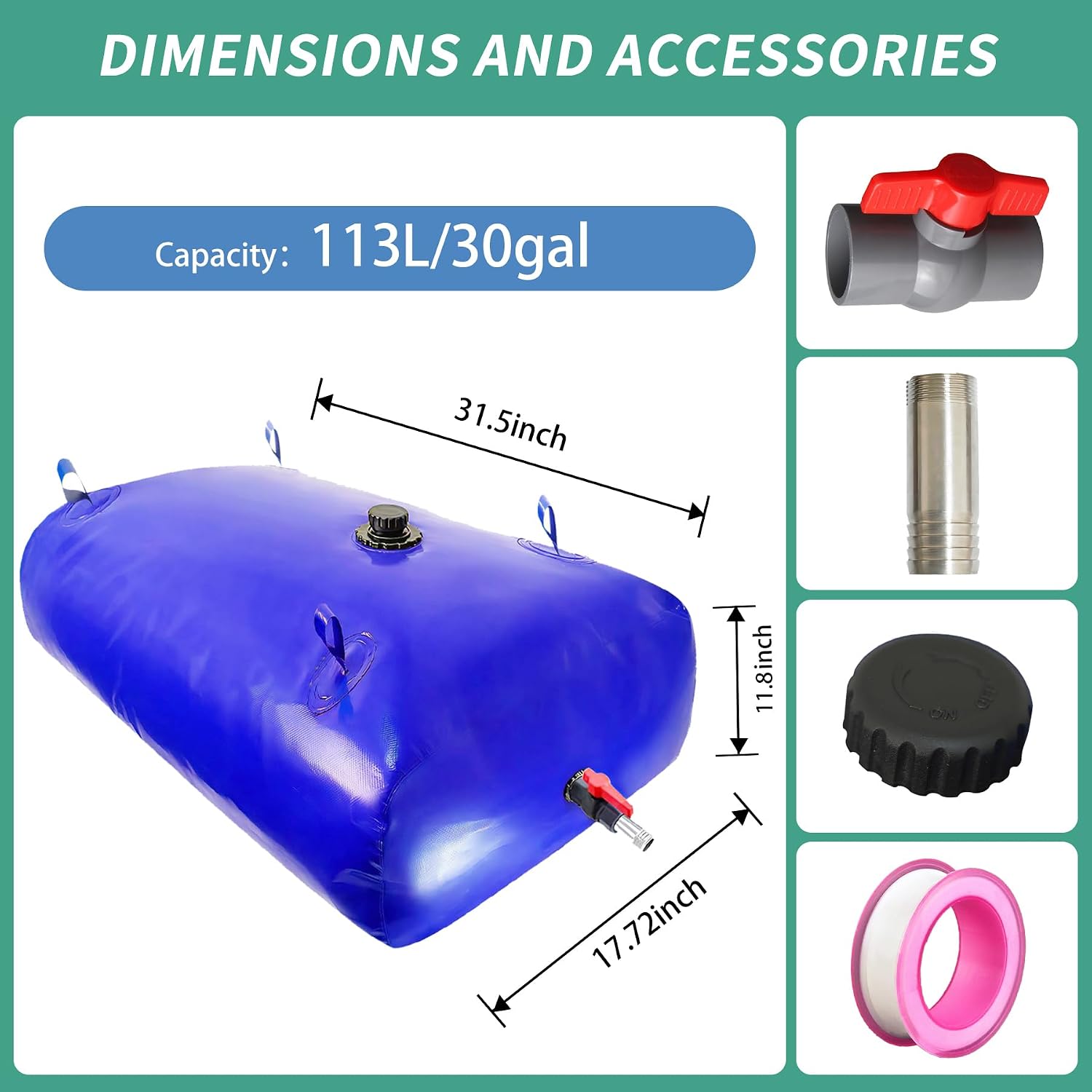 Aimery Foldable Water Storage Bladder PVC Water Storage Container Portable Large Capacity Water Tank for RV,Camping,Emergency,Garden,Truck,Blue,113L/30Gallon