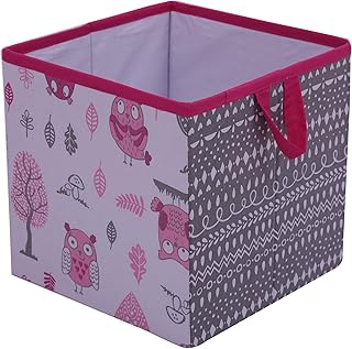 Bacati Owls Girls Cotton Storage Box Small, Pink/Grey