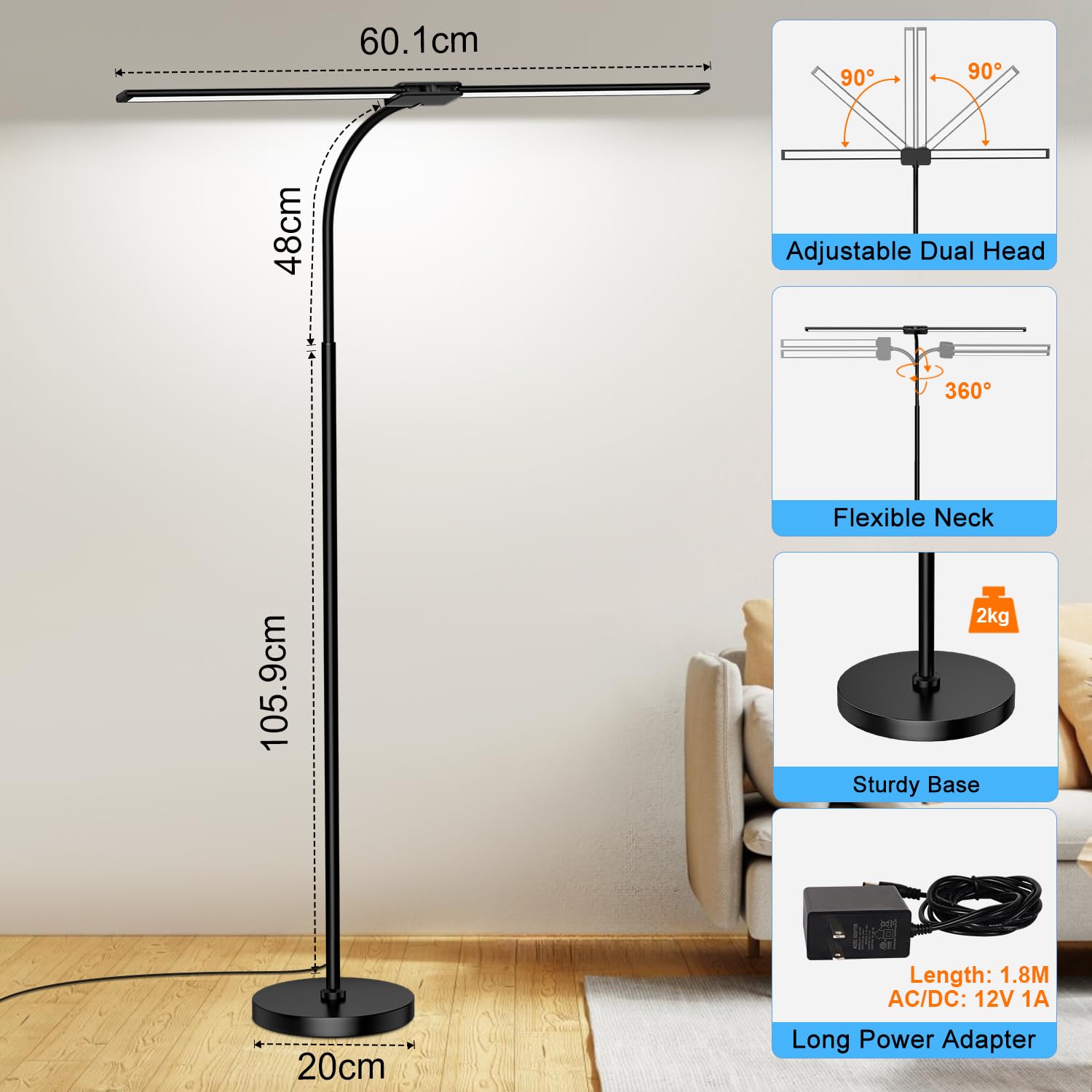 LED Dual Head Floor Lamp with 50 Light Mode, Dimmable Gooseneck Tall Standing Lamp with Remote & Gesture Control - Image 4