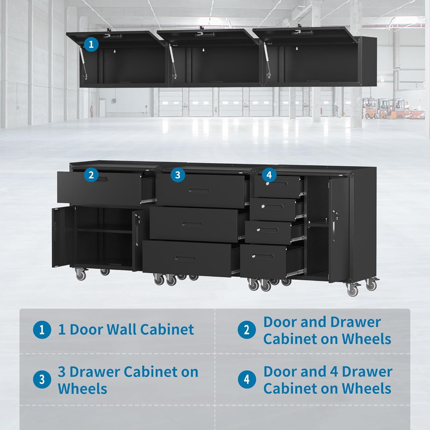 Black Garage Storage Cabinets System 6 PCS Workshop Set with Drawers Locking Heavy Duty Rolling Cart with Adjustable Shelves Garage Tool Workbench Cabinets