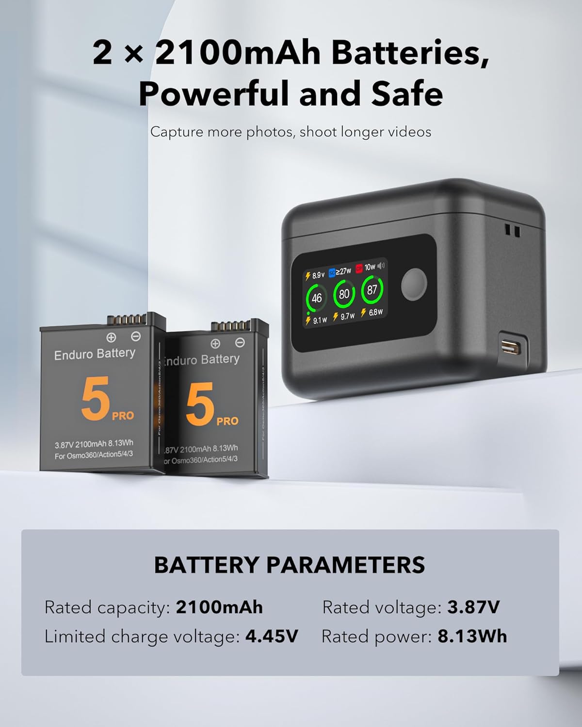 2100mAh Battery and Charger for DJI Osmo 360 / Action 5 Pro/Action 6, Color LCD Intelligent Two Way Charger Hub Triple Slot 27W PD Fast Charging Case for Osmo 360 Action 5 Pro 6 4 3 Accessory