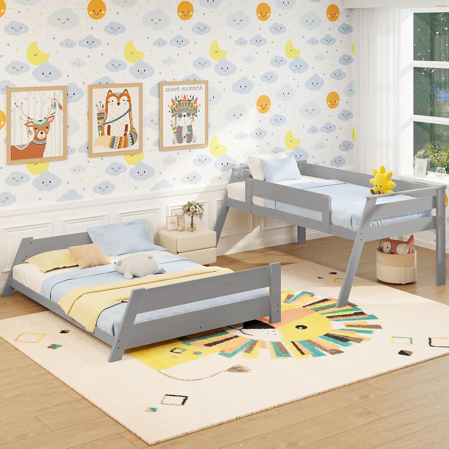 Bunk Beds Twin Over Full Size, Convertible Solid Wood Bunk Bed Frame with Detachable Ladder & Guardrails, Low Floor Bunkbed for Kids, Teens, Girls, Boys, No Box Spring Needed (Grey)