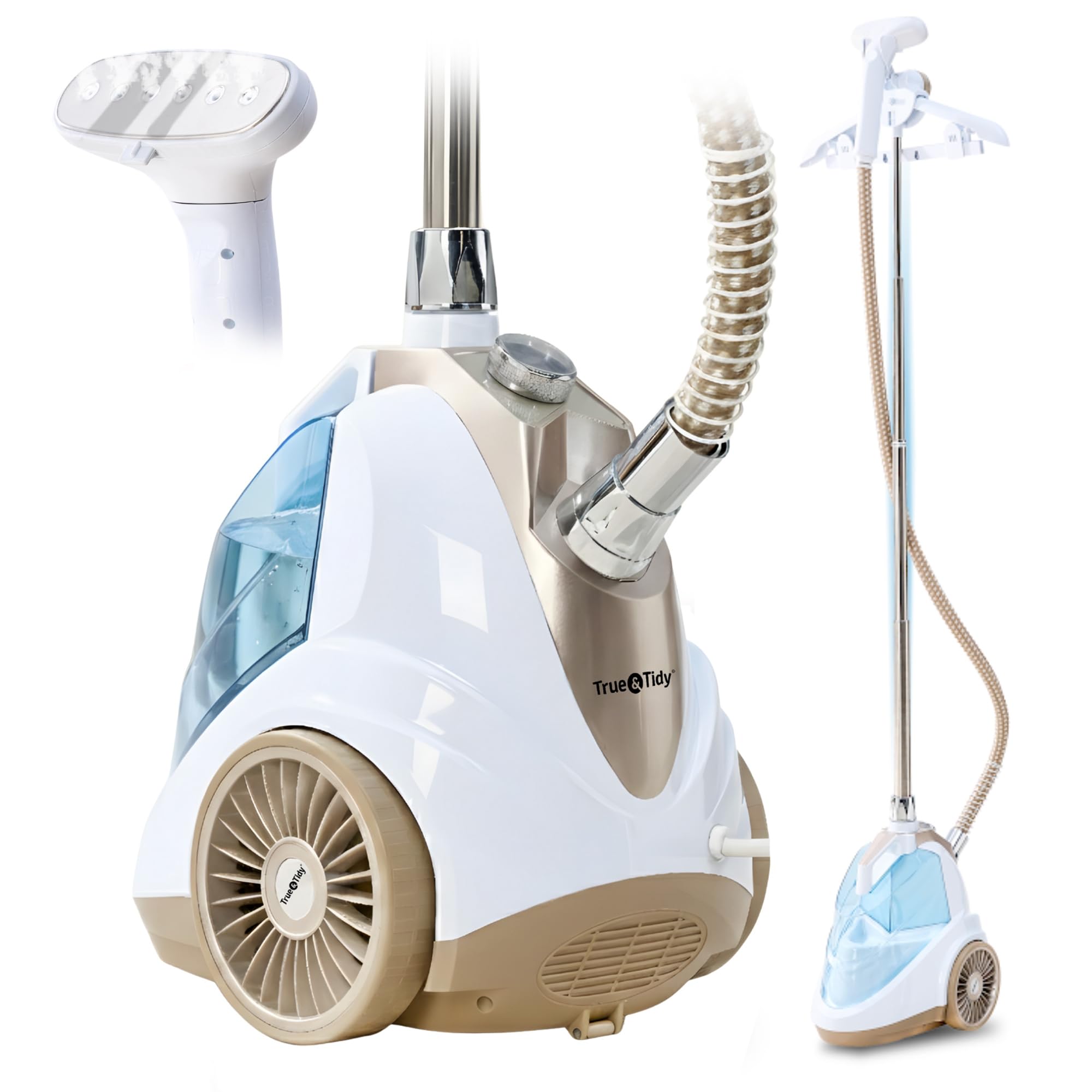 True & Tidy Luxury Upright Commercial Garment Steamer, Smart Auto Shut-Off Technology, 10 Steam Settings w/Wheels, 1800W Powerful Standing Clothes Steamer Fast Wrinkle Removal for Home & Business Use