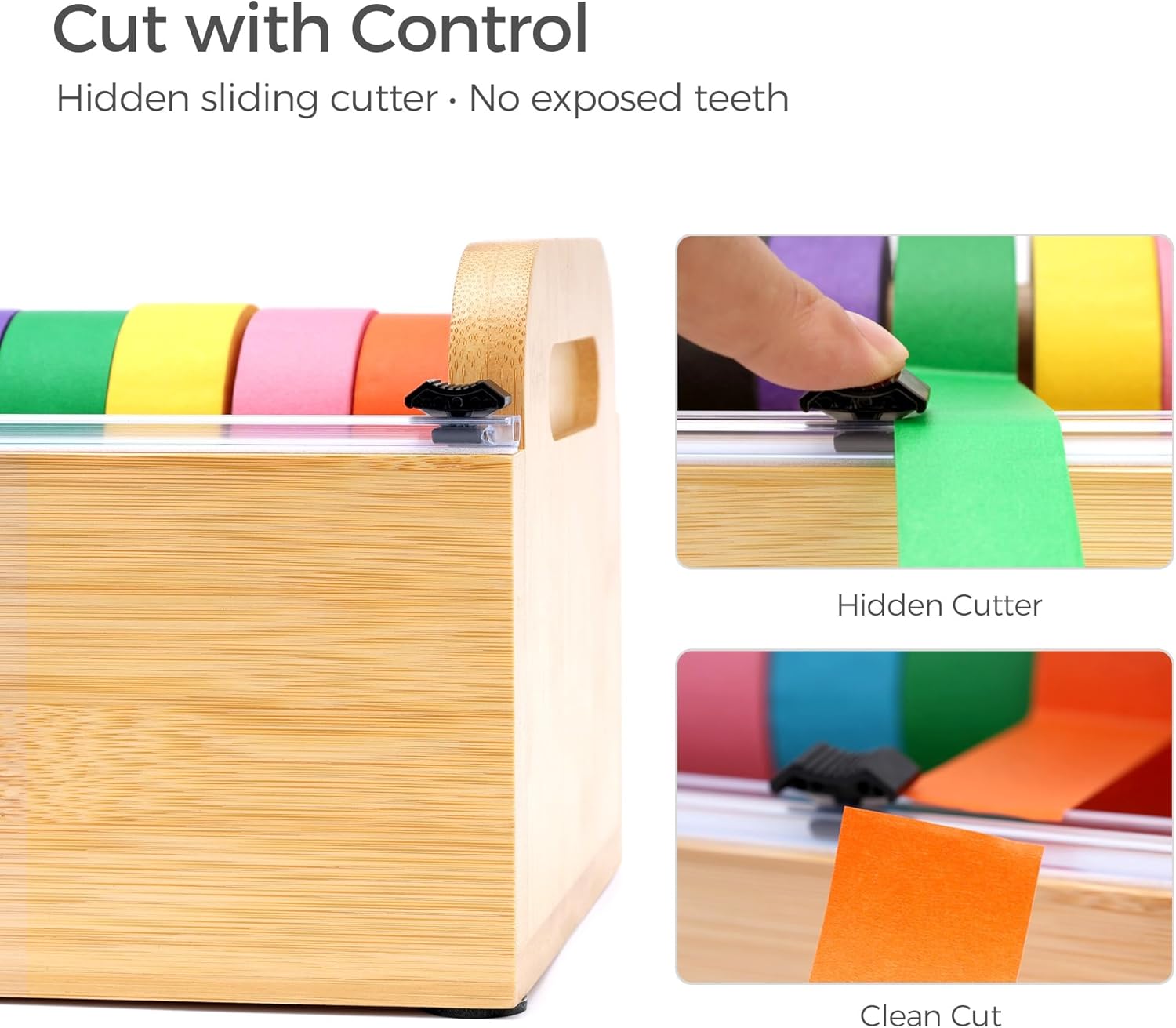 Masking Tape Dispenser & Holder for Kids Classroom and Office, Bamboo Washi Tape Organizer, Wall Mount or Countertop, Holds 8×1” or 14×0.6”, No Assembly