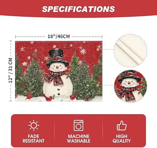 Miniatura 6 de Artoid Mode Juego de 6 manteles individuales de Navidad con diseño de muñeco de nieve, cardenales, árboles, para mesa de comedor, 12 x 18 pulgadas,
