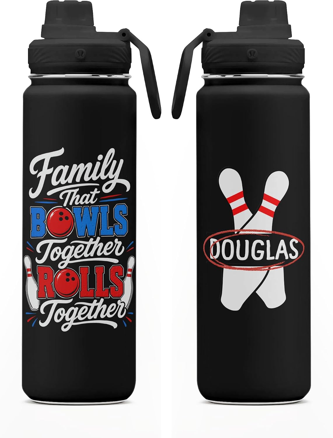 Personalized Family That Bowls Together Rolls Sport Bottle Custom 24oz Straw Water Bottle Carabiner Bowling League Accessories Present Idea Bowling Enthusiast