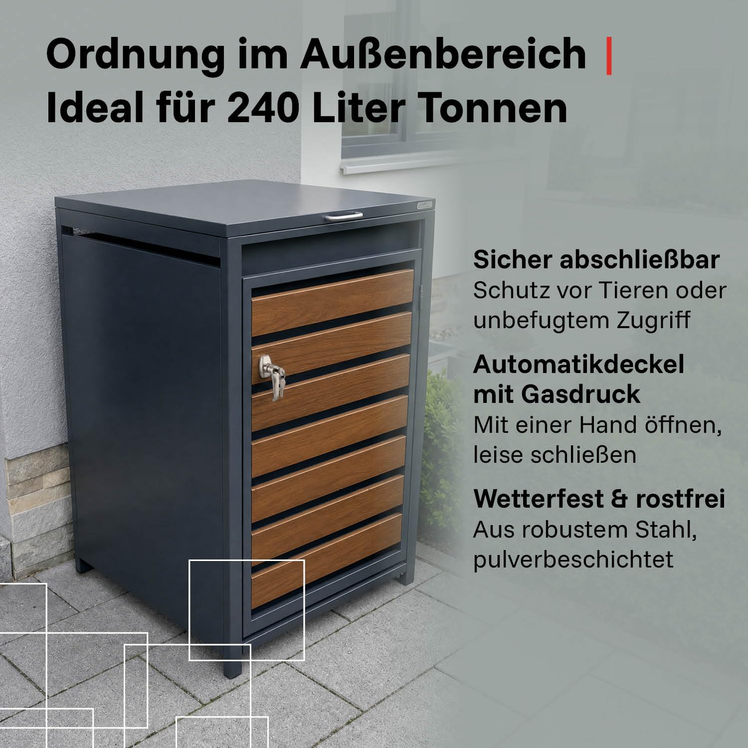 LagerZwei Mülltonnenbox 240 L I Wetterfeste, abschließbare Mülltonnenverkleidung I Müllbox aus Stahl, pulverbeschichtet I Automatikdeckel mit Gasdruck I Holz, 116 x 80 x 68 cm