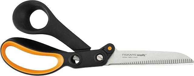 Fiskars Nożyczki ząbkowane, Dla praworęcznych,Z technologią wzmacniającą, Długość:24 cm, Ostrze ze stali nierdzewnej/trzonki z tworzywa sztucznego, Wzmocniona struktura do cięcia grubych