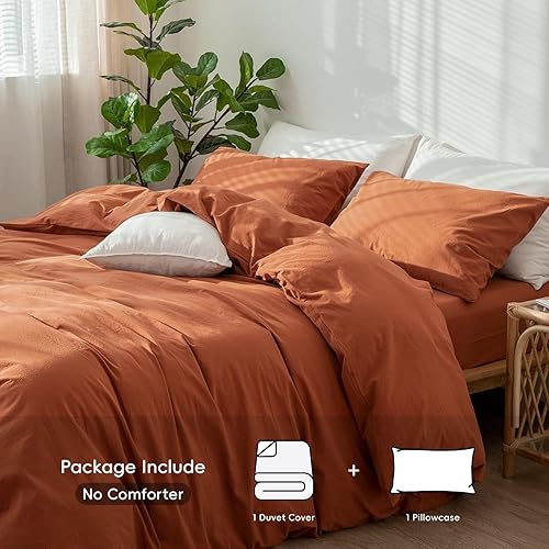 Miniatura 2 de MooMee - Juego de funda de edredón, 100% algodón lavado, textura parecida al lino, transpirable, duradero, suave y cómodo (marrón óxido, individual)