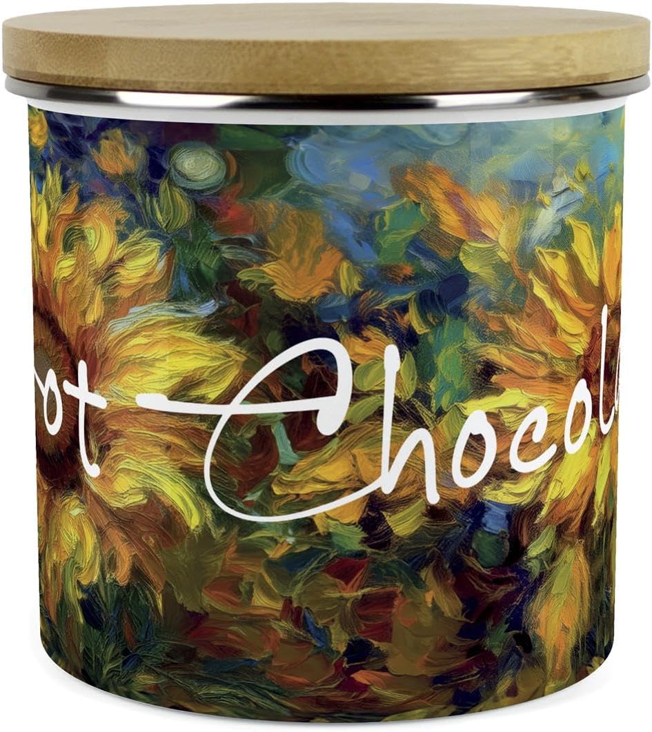 Purely HomePainted Sunflowers Hot Chocolate Storage Canister - Van Gogh Inspired Oil Paint Floral Artwork - Tea/Coffee/Sugar Enamel Hot Drinks Kitchen Storage Container