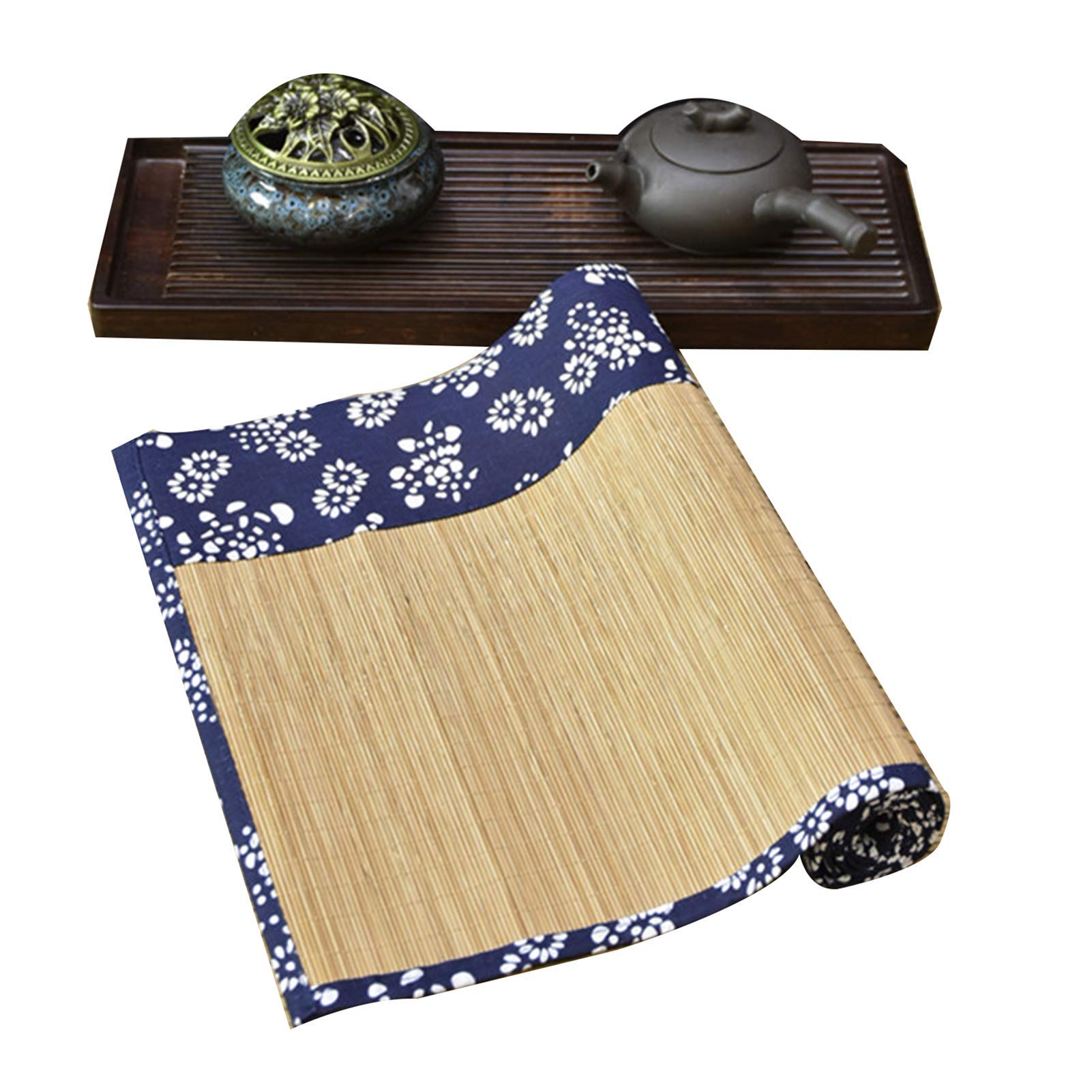 Camino de Mesa Estilo Granja, Mantel Tejido a Mano de Tela Floral Azul de Seda de bambú, Mantel Individual de Aislamiento Antideslizante para tapetes Largos de Comedor, Accesorios
